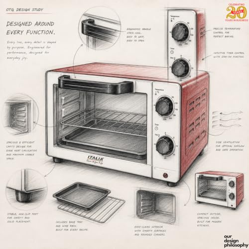 Image of ITALIA 9L Oven Toaster Griller (OTG) - 1000W Electric Oven for Baking, Toasting & Grilling | Top & Bottom Heating, 90C-230C Temp Control, 30-Min Timer with Stay-On, Fits 9-Inch Pizza | Signature Red