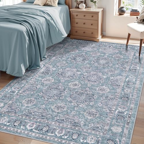 SERISSA Boho Bedroom Rug, 4x6 Vintage Floral Washable Non Slip, Ultra Soft Distressed Entry, Low-Pile Throw, Blue Grey Carpet for Nursery, Dorm, Kitchen, Living Room Decor