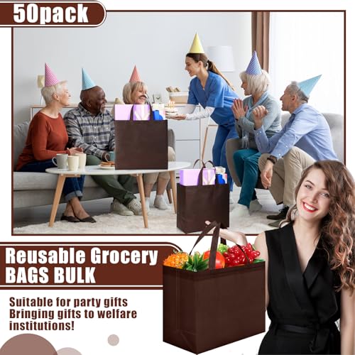 Windyun Reusable Grocery Bags Large Non Woven Shopping Bags with Handles Foldable Portable Tote Bulk, 12.6 x 11.8 x 6.3 Inch(Brown,50 Pcs)