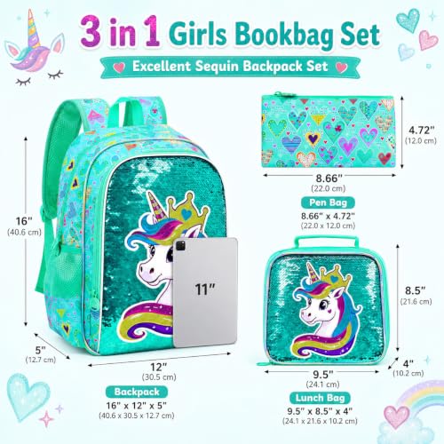 Image of 3Pcs Unicorn Backpack for Girls, 16 inch Sequin Bookbag Set for Kids, Elementary Preschool Preschool School Backpacks with Lunch Box (Green)