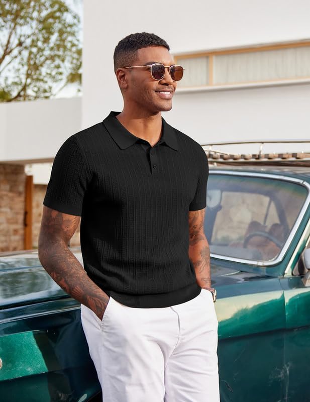 COOFANDY Mens Knit Polo Shirts Short Sleeve Slim Fit Textured Golf Polo Shirt Casual Summer Vacation T-Shirts - Image 2