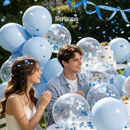Image of SUWEN 47PCS Light Pastel Blue and Confetti Latex Balloons Set