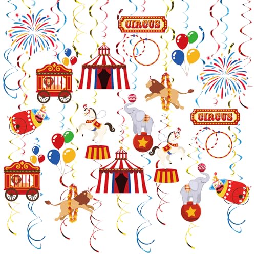 Image of Carnival Hanging Swirl Set Party Decorations, 48 Pcs, Circus Joker Balloon Party Supplies Sign,Red Blue Yellow