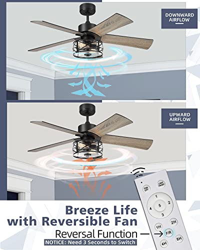 Youkain Farmhouse Ceiling Fans, 48 Inch Industrial Ceiling Fan With Light And Remote Control, Clear Glass, 5-Reversible Blades With Matte Black/Wooden Finish, 52-Yj632 #TOP2