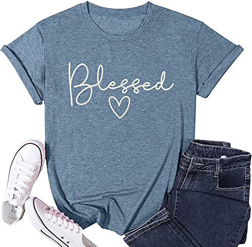 Blessed T-Shirt for Women Cute Heart Graphic Letter Print Sayings Shirts Casual Short Sleeve Thankful Tee Tops