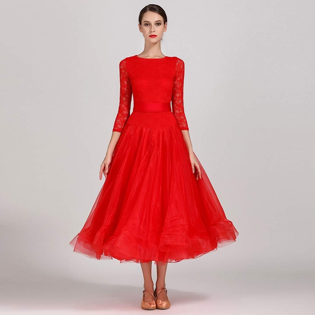 【Sanjucos】 社交ダンス レディース ダンスウェア ワンピース モダンダンス ロングスカート フェミニン ワルツ専用ドレス