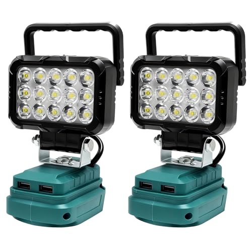2 Stück Akku Lampe für Makita 18V Akku 40W Kabellose LED Arbeitsleuchte Tragbares Flutlichter Baustellen Lampe Strahler mit 2 USB Ladeanschluss für Autoreparaturen Camping Werkstatt (Ohne Akku)