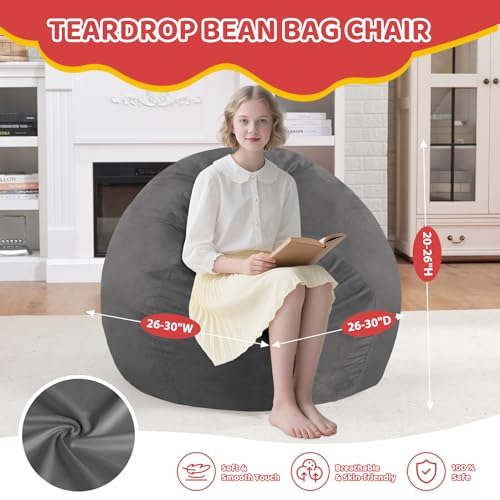 2FT Bean Bag Chair, Comfy Bean Bag Chairs with Memory Foam Filled, Fluffy Beanbag Sofa with Dutch Velvet Cover, Teardrop BeanBag Chairs for Living Room, Playroom - Grey