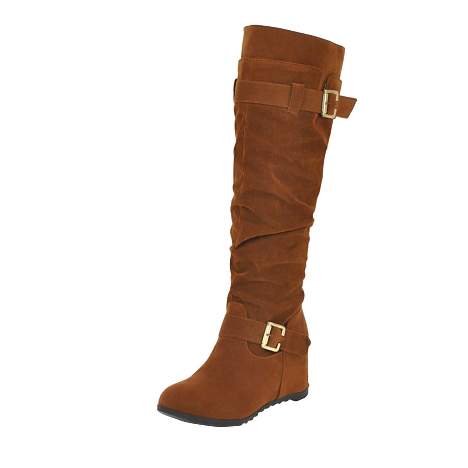 Botas de Invierno Mujer Decoración de Hebilla cinturón Gamuza sólida Moda para Mujer con Botas largas tacón cuña Elevado