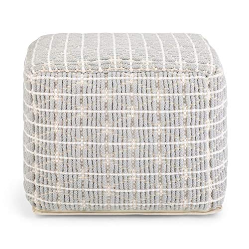 Pemberly Row Boho Square Pouf in Light Blue and White Handloom Woven Pattern