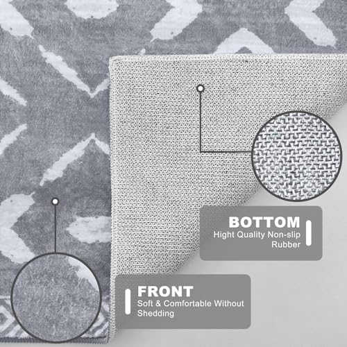 KILOCOCO Area Rug 3'x5' Rug for Entryway Washable Printed Bedroom Rugs Non Slip Boho Low-Pile Soft Rugs for Kitchen Dining Geometric Moroccan Carpet, Dark Grey