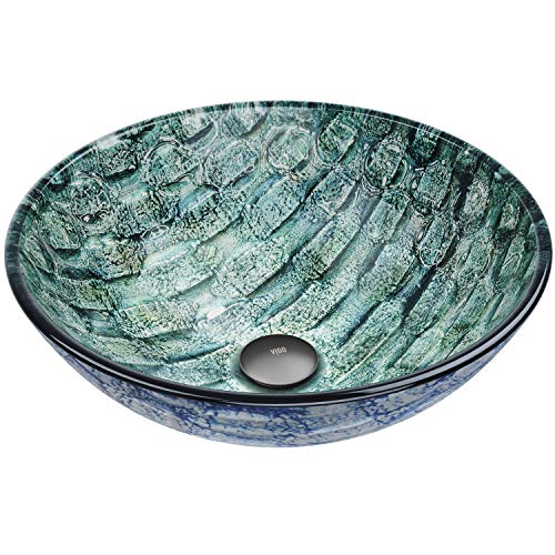 Vigo Vessel Sink Oceania Blue - 17” Artistic Round Bowl Sink for Bathrooms, Tempered Glass Above...