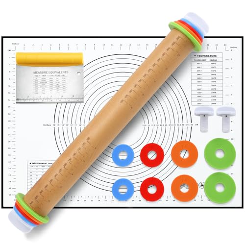 Rodillo para amasar, Rodillo de madera Pleafind de 17,5 pulgadas con anillos de ajuste de grosor, Set de 3 rodillos para masa, Rodillos para hornear pizza, pasta, galletas