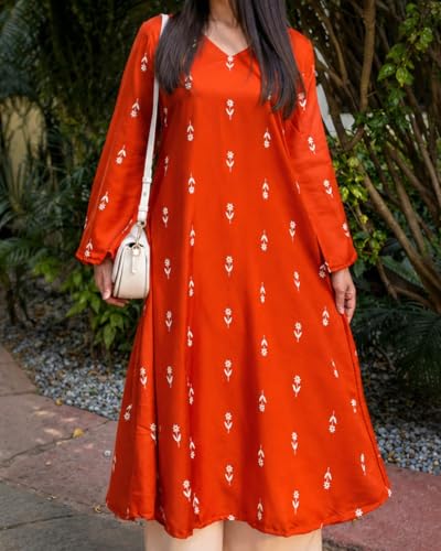 Image of Stylum Women's Rust Ethnic Printed Rayon A-Line Kurta Palazzo Set | Palazzo Kurti Set for Women
