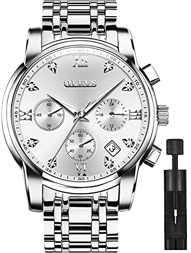 OLEVS Men's Waterproof Watches Silver Stainless Steel Waterproof Chronograph Wrist Watches Luxury Dress White Luminous Big Face Analog Quartz Male Watches