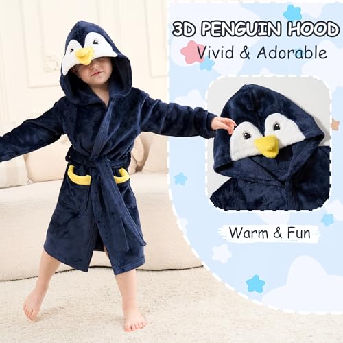 LOLANTA Kids Robe Toddler Boys Girls Hooded Fleece Sleepwear Animal Penguin Bathrobe Fluffy Pajama Christmas Gifts 2-8 Years2