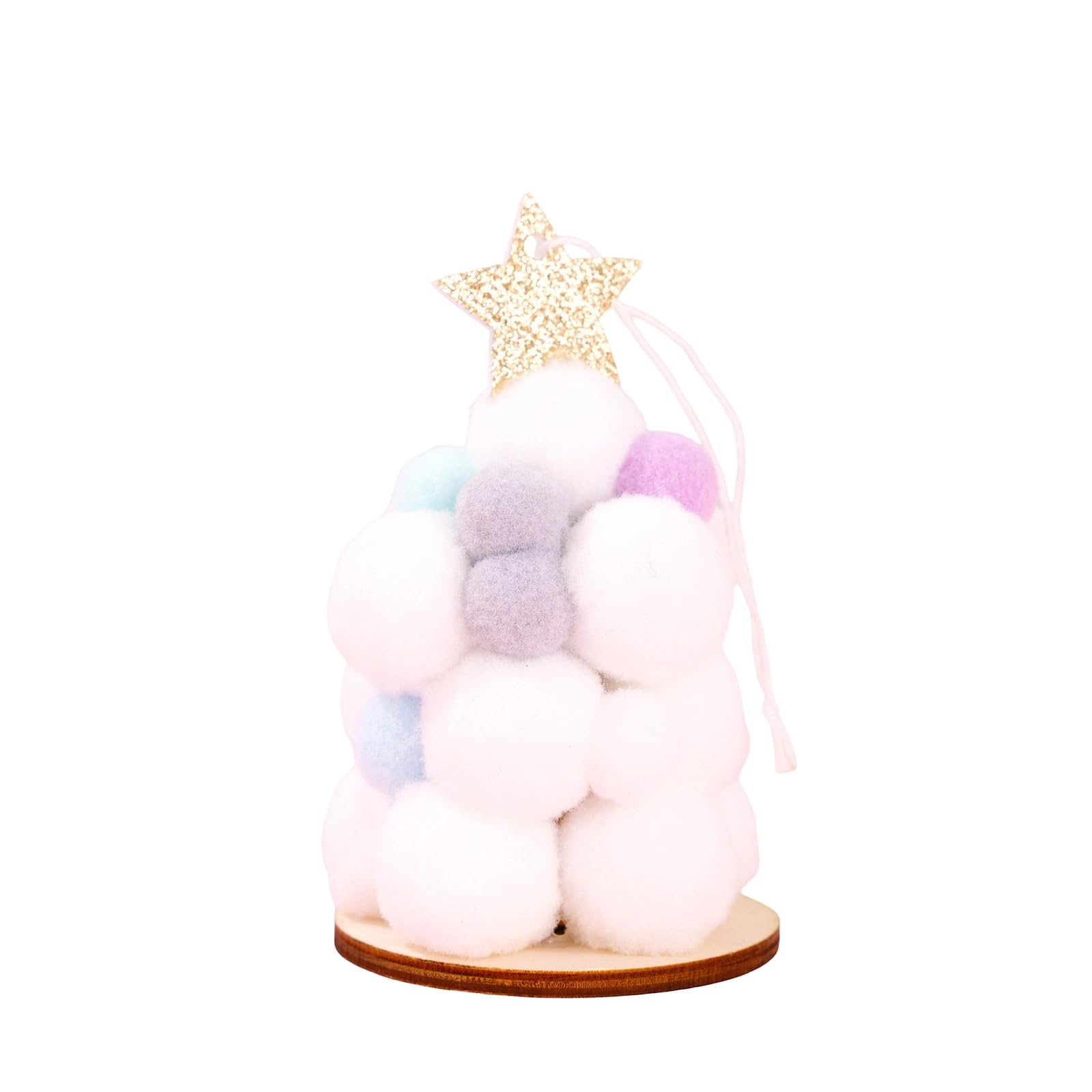 Holiday Christmas Tree Ornament, Plush Ball Decor with Wood Base and Star Accent for Seasonal Home Display Accent Plush Ball Tree Ornament Holiday Cord Wooden Base Star Top Festive Home Party Mantel