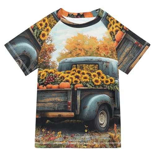 Boys Short Sleeve T-Shirts Truck Car Vintage Farm Rashguard Kids Swim Shirts Sun UPF 50+