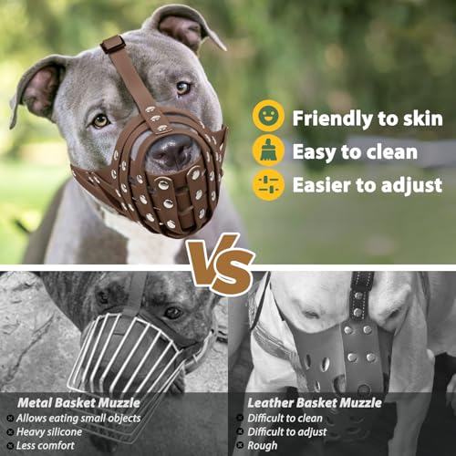 Image of Pitbull Dog Muzzle for Large Medium Dogs Prevent Biting Scavenging | Fits Rottweiler Amstaff Broad-nosed Breed, Sturdy Breathable Basket, Training Walking Use, Allows to Drink | Brown, M