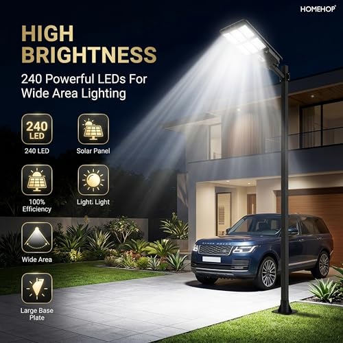 Image of Homehop Solar Light Outdoor Home Garden 130W Street Motion Sensor Wall Lamp | Solar Street Light Outdoor Waterproof Wireless LED Security for Road, Patio and Pathway with Pole (Cool White,10000mAh, ABS)