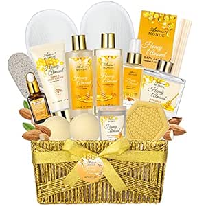 Bath &amp; Body Gift Set, Luxury Home Spa Bath Gift Basket, Honey Almond Scented Bath Set, Pamper Gifts for Women &amp; Teens, 15 Pcs Relaxing Home Spa Kit with Bubble Bath, Bath Salts, Body Lotion