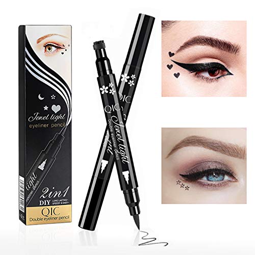 Liquid Eyeliner Pencil with Eye Stamp, 2021 Dual Ended Black Seal Eyeliner, Waterproof Long Lasting 2 in 1 Double Side Eyeliner Makeup Women Girl Gift Kit (Heart & Flower Shaped)