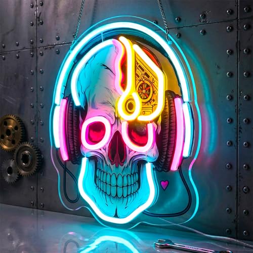 Image of Skull Neon Sign with Headphones,LED Gaming Neon Light,Dimmable USB Powered Neon Wall Sign for Gamer Room, Bedroom, Man Cave, Cool Aesthetic Neon Sign