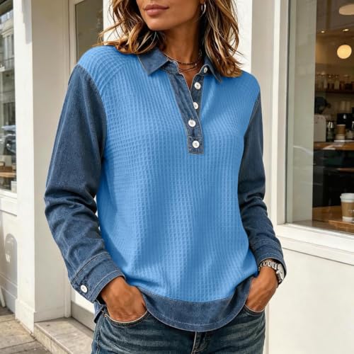 Waffle Tops for Women Jean Patchwork Collared Button Fashion Shirts - image 4