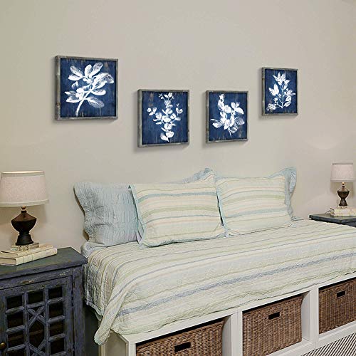 White Botanical Wooden Wall Art: Artistic Plant Leaves Picture Dark Blue Background With Handcrafts Rustic Wood Framed Painting (16 X 16 X 4 Pcs) #TOP3