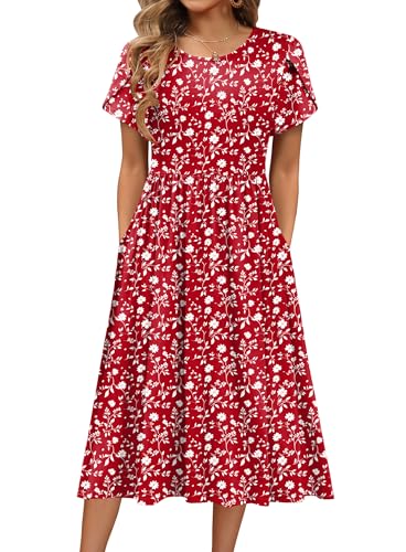 Image of HOTOUCH Women's Summer A-Line Midi Dresses 2026 Casual Floral Short Sleeve T-Shirt Dress Flowy Beach Sundress with Pockets