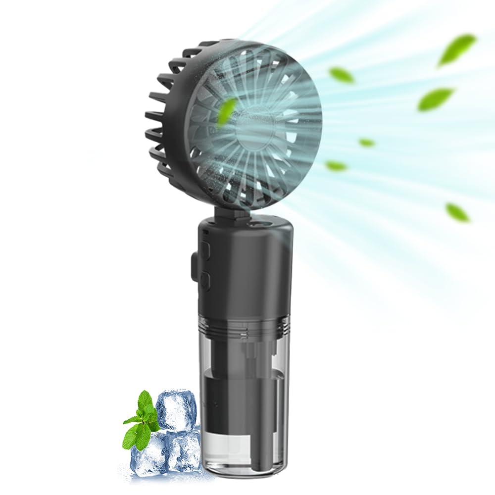 Pouway Portable Hand Fan with Mist Spray, Handheld Misting Fan, with Transparent Tank Water Replenisher, Mini Foldable Fan Portable Hand Standing Up - Ultra Quiet Lightweight for Travel