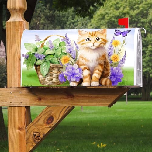 Image of Texupday Cute Cat Kitty Flower Butterfly Decoration Mailbox Cover with Magnetic Strip Spring Summer Floral Mailbox Wraps Post Letter Box Cover Standard Size 21 inch X 18 inch for Garden Outdoor Yard Decor