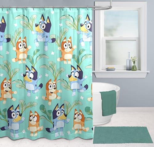 Image of Jay Franco Bluey and Bingo Fabric Shower Curtain - Kids Teal Bathroom Decor