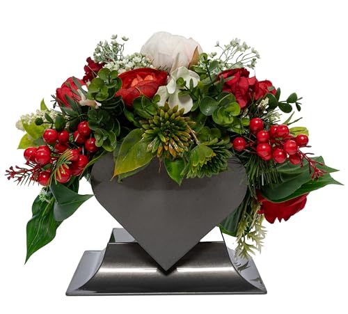 Grabgesteck aus Rosen in Herzvase rot ca. 30 cm hoch künstliche Blumen stabile beschwerte Schale wetterfest Friedhofsdeko für Grab Urnengrab & Gedenkstätte Allerheiligen Dekoration