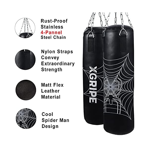 XGRIPE's Kids Set Matte Flex Leather Punching Bag, Boxing Gloves, Semi Elastic Hand Wraps and PVC Coated Jumping Rope, Boxing MMA Kickboxing Training Workout (Black, 4FT)