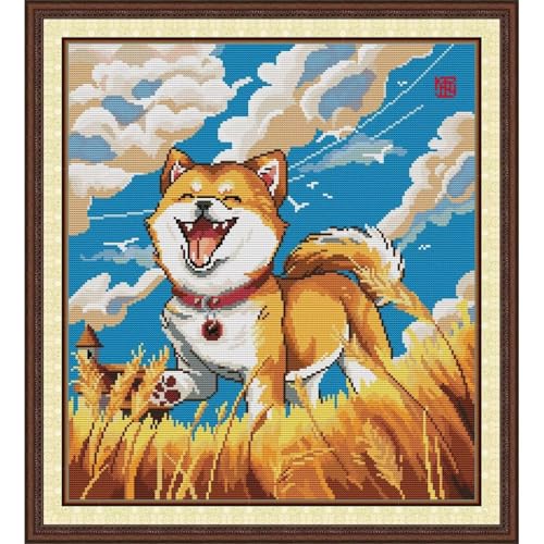 Image of Stamped Cross Stitch Kits Full Range of DIY Needlepoint for Adult Beginners Pattern, for Gift and Home Decor 14CT 2 Strands Happy Shiba Inu,15.7x16.9 inch
