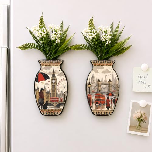 Image of Regalo Casila London City Magnetic Artificial Flower Vase Fridge Magnets Set of 2 British Travel Art Refrigerator Kitchen Home Office Decor Souvenir Gift