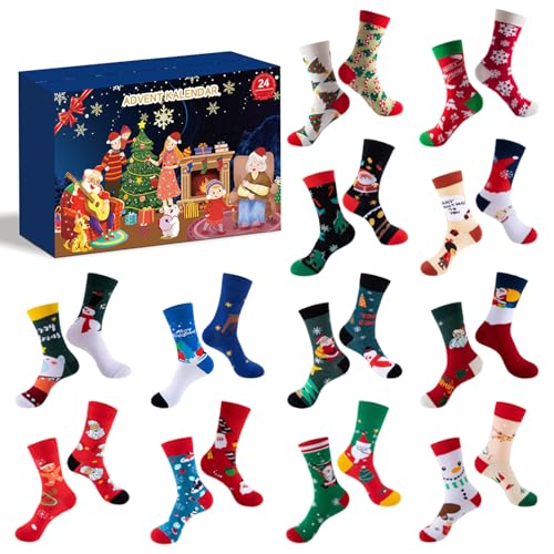 Calendrier de l'Avent Chaussettes, 24 Jours de Compte à Rebours de Noël Calendrier de l'Avent 2024 Adulte avec 24 Chaussettes Noel à Mi-Mollet Cadeaux de Noël pour Femmes Hommes Adolescents