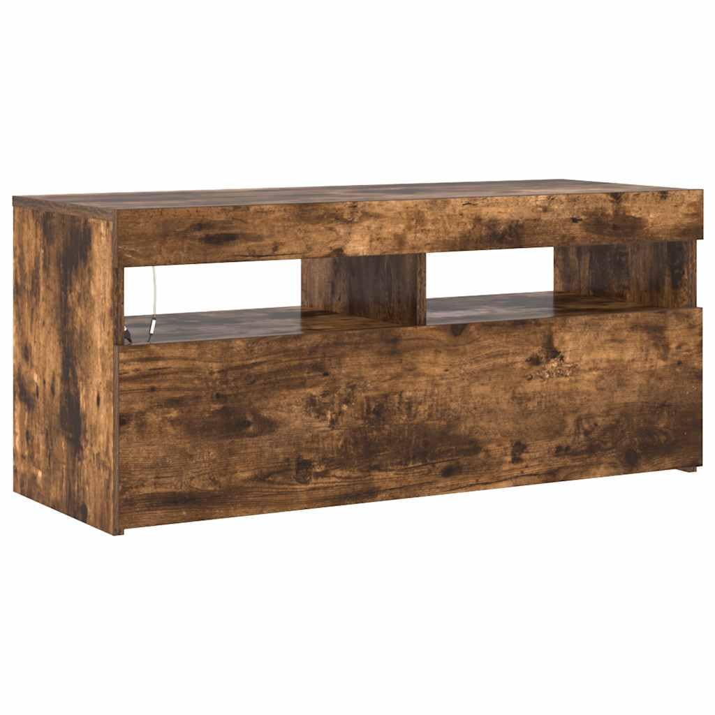 Meuble TV Moderne avec Éclairage LED RGB, Meuble de Salon en Bois d'Ingénierie Chêne Fumé 90 cm, Rangement Pratique pour Téléviseur, Console de Jeux Vidéo et Déco Salon