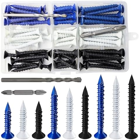 Wensilon(105 PCS) 3/16" Concrete Screw Anchor Kit Blue/Black/White Flat Head for Anchoring to Masonry, Block or Brick Stucco Cover