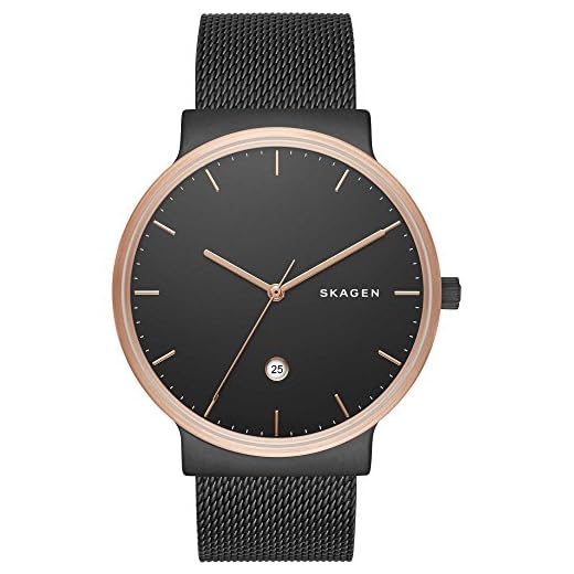 Skagen Reloj para hombre Ancher, movimiento de tres manecillas, caja de acero rosa dorado de 40 mm con correa de malla de acero, SKW6296