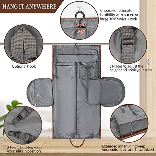 Convertible Leather Garment Bag with Shoes Compartment, Large Carry on Duffel Bag for Men Women - Waterproof Travel Weekender Suit Bag Brown