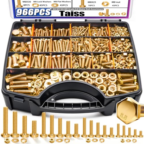 Image of Taiss 966pcs Grade 8.8 Metric Bolt Assortment,Metric Bolts and Nuts Assortment,Bolt Kit M4 M5 M6 M8(12-30mm) Heavy Duty Hex Bolts and Nuts Kit Flat /Lock Washer Yellow Zinc Plated,with Handheld Box