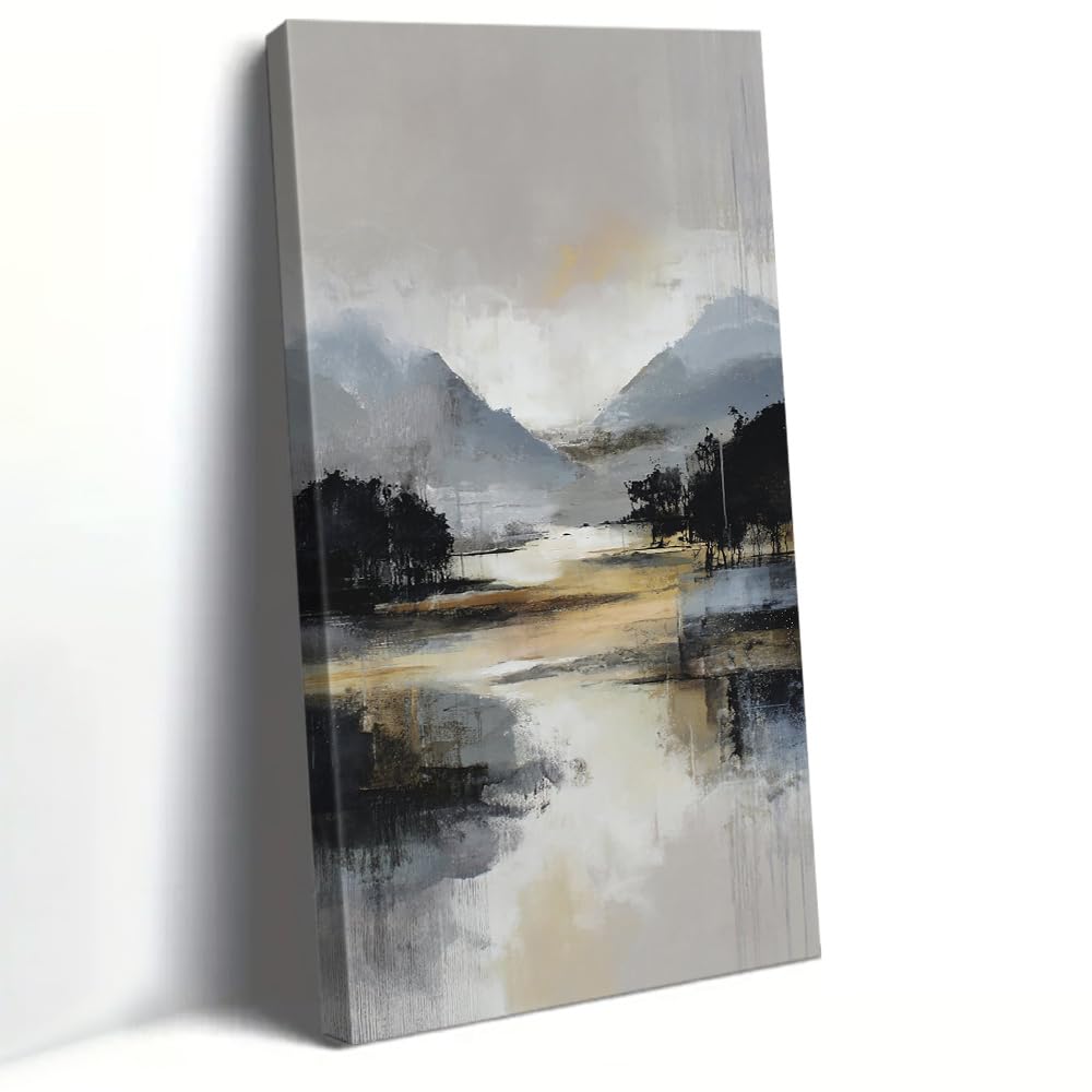 Uudezo With Frame Framed Vertical Beige Golden Landscape Canvas Painting Wall Art Picture For Living Room Decor(20X40cm(8X16in)