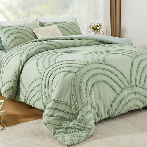 Image of ENJOHOS Sage Green Full Comforter Set for College Girls - Boho Tufted Rainbow Comforter Full Size, 3 Pc Rainbow Bedding for All Season, Lightweight Soft Microfiber Comforter with 2 Pillowcase