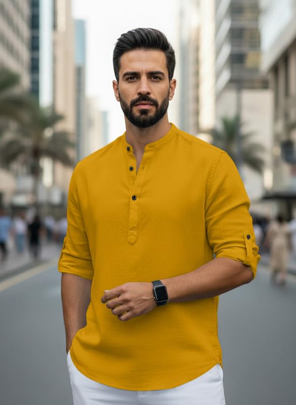 Image of Men Cotton Blend Mandarin Collar Casual Kurta Shirt | Roll-Up Sleeves | Regular Fit Ethnic Short Kurta for Daily