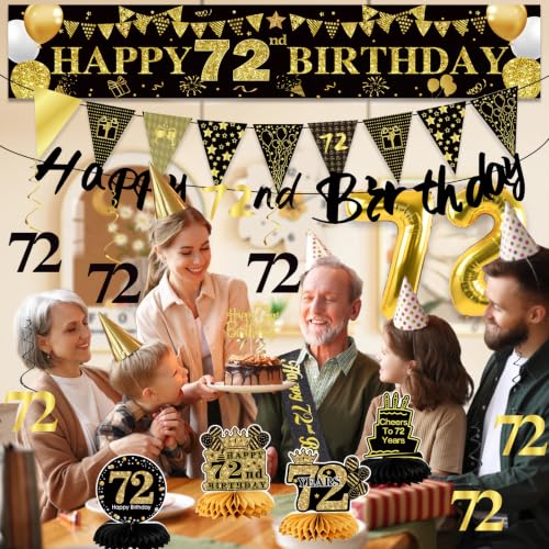 Image of 72nd Birthday Decorations for Men, Black Gold 72nd Party Decoration Kits
