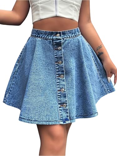ebossy Women's High Waisted Button Down Flared Mini Jean Skirts Casual Cute Pleated Flowy Denim Ruffle Skirts