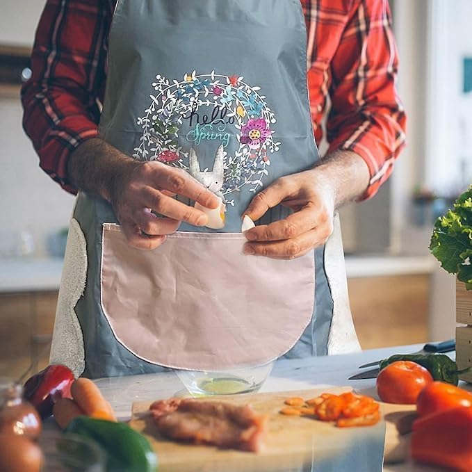 Image of VELVERI Waterproof Kitchen Cooking Apron for Women Men | Adjustable Bib with Hand Towel Wiping Patch | Large Pocket Oil & Stain Resistant | Cute Cartoon Rabbit Design
