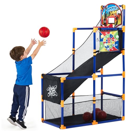 2-in-1 Kids Basketball Arcade Game Set with 4 Balls &